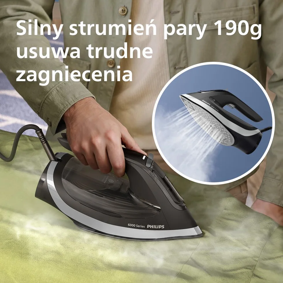 Philips Żelazko parowe serii 6000 – Gwarancja braku przypalenia, OptimalTemp, Silny strumień pary 190g, Ciągły strumień pary 45g, SteamGlide Plus, System przeciw kapaniu, Auto wyłączanie (DST6120/80)