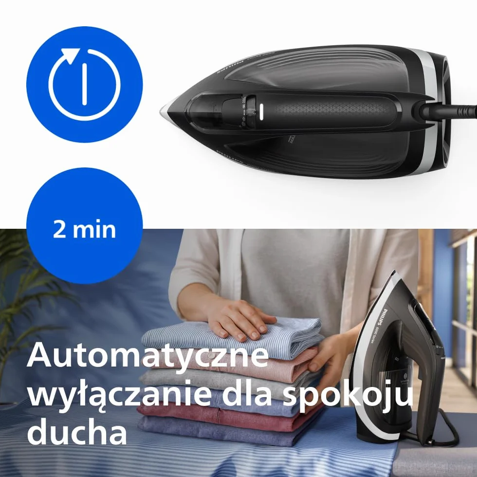 Philips Żelazko parowe serii 6000 – Gwarancja braku przypalenia, OptimalTemp, Silny strumień pary 190g, Ciągły strumień pary 45g, SteamGlide Plus, System przeciw kapaniu, Auto wyłączanie (DST6120/80)