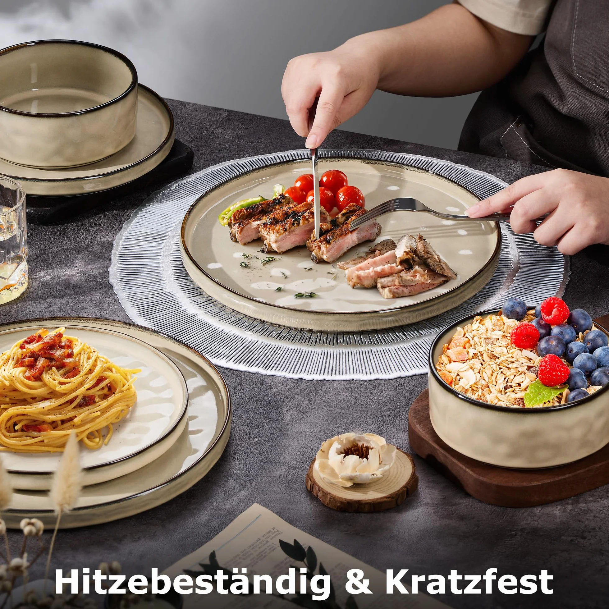 Onader 18-częściowy zestaw naczyń, z kamionki, miseczki na musli, talerze obiadowe i talerze deserowe dla 6 osób, do stosowania w mikrofalówce, zapobiega zarysowaniom, jasnobeżowy (cappuccino khaki)