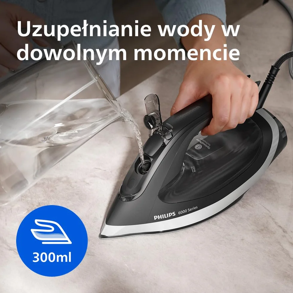 Philips Żelazko parowe serii 6000 – Gwarancja braku przypalenia, OptimalTemp, Silny strumień pary 190g, Ciągły strumień pary 45g, SteamGlide Plus, System przeciw kapaniu, Auto wyłączanie (DST6120/80)