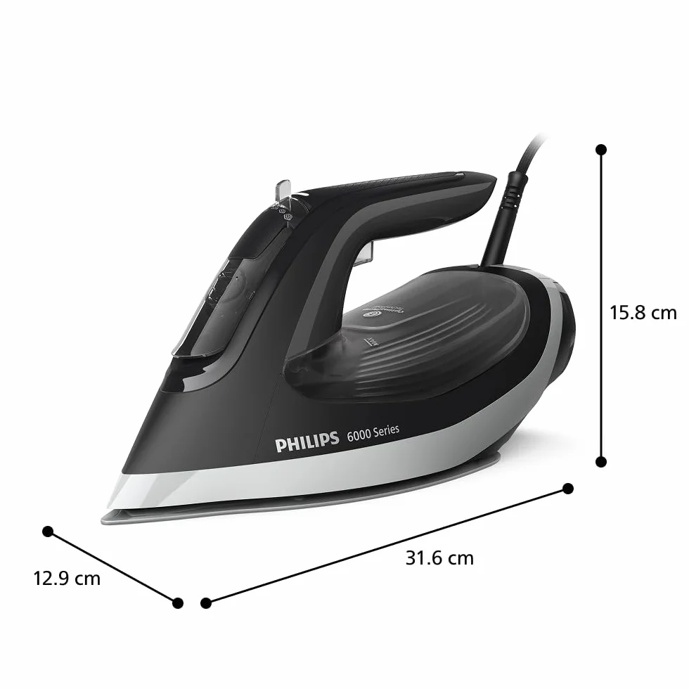 Philips Żelazko parowe serii 6000 – Gwarancja braku przypalenia, OptimalTemp, Silny strumień pary 190g, Ciągły strumień pary 45g, SteamGlide Plus, System przeciw kapaniu, Auto wyłączanie (DST6120/80)