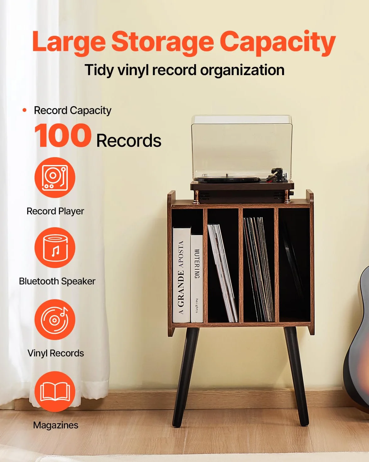 VEVOR 2-poziomowa szafka winylowa z 4 przegródkami, uchwyt na gramofony o pojemności 100 albumów, drewniana szafka z płytami winylowymi, z półką prezentacyjną, salon sypialnia, brązowy