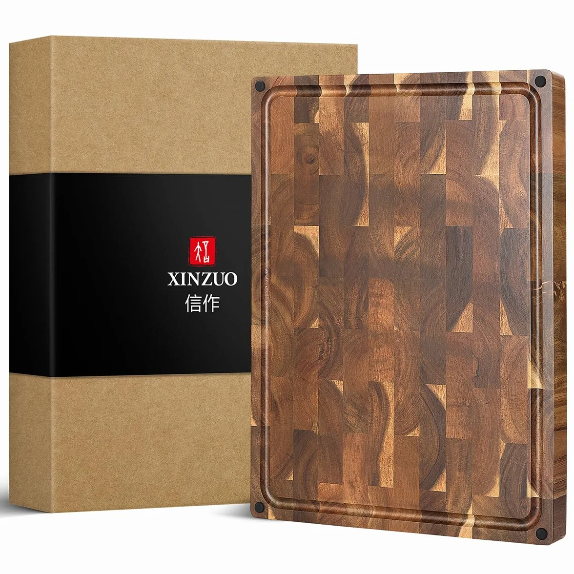 XINZUO Duża deska do krojenia drewna akacjowego - odwracalna deska do krojenia rzeźnika - profesjonalna deska do krojenia - bardzo gruba drewniana deska do krojenia - z wbudowanymi uchwytami i rowkiem