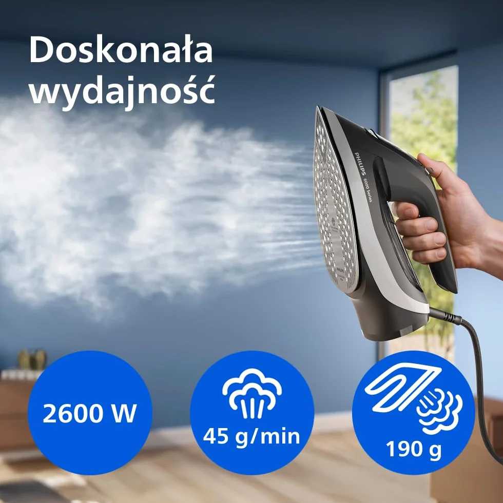 Philips Żelazko parowe serii 6000 – Gwarancja braku przypalenia, OptimalTemp, Silny strumień pary 190g, Ciągły strumień pary 45g, SteamGlide Plus, System przeciw kapaniu, Auto wyłączanie (DST6120/80)
