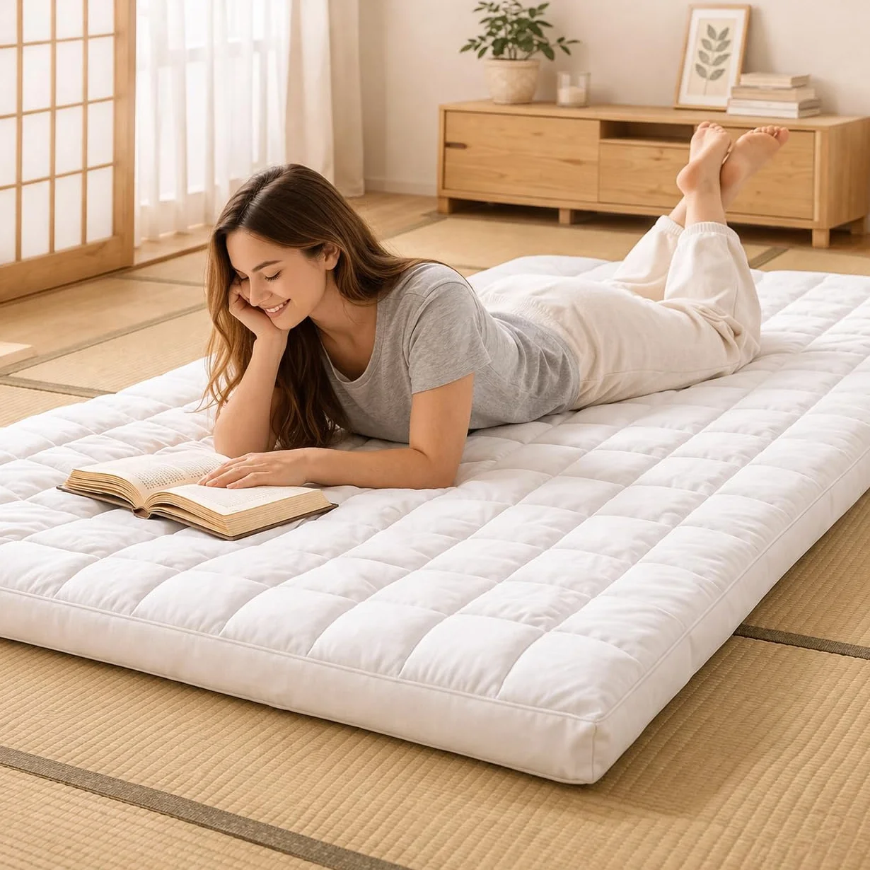 Japoński tradycyjny futon (Shikibuton) - 100% bawełniany pokrowiec na futon - łatwy do zwinięcia i przechowywania - gruby, puszysty, miękki, ale bardzo mocny i podtrzymujący (Queen 160 x 210