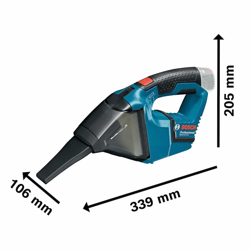 Bosch Professional system 12V: akumulatorowy odkurzacz GAS 12V (pojemność zbiornika 0.35 l, 0.87 kg, bez akumulatorów i ładowarki, opakowanie kartonowe)