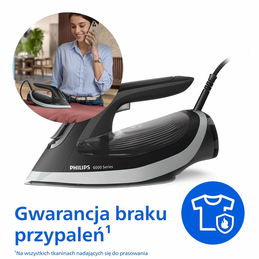 Philips Żelazko parowe serii 6000 – Gwarancja braku przypalenia, OptimalTemp, Silny strumień pary 190g, Ciągły strumień pary 45g, SteamGlide Plus, System przeciw kapaniu, Auto wyłączanie (DST6120/80)