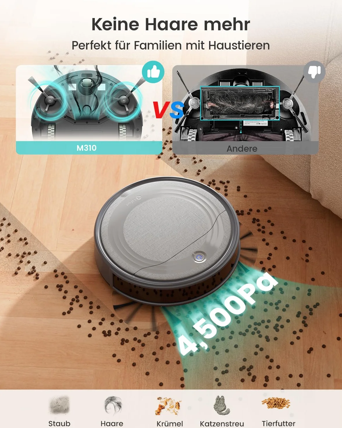 LEFANT Robot odkurzający M310G, 4500Pa, z precyzyjną nawigacją PSD, czas pracy 180 min, filtr HEPA, bezprzewodowy odkurzacz bez funkcji wycierania, idealny do sierści zwierząt, dywanów i twardych