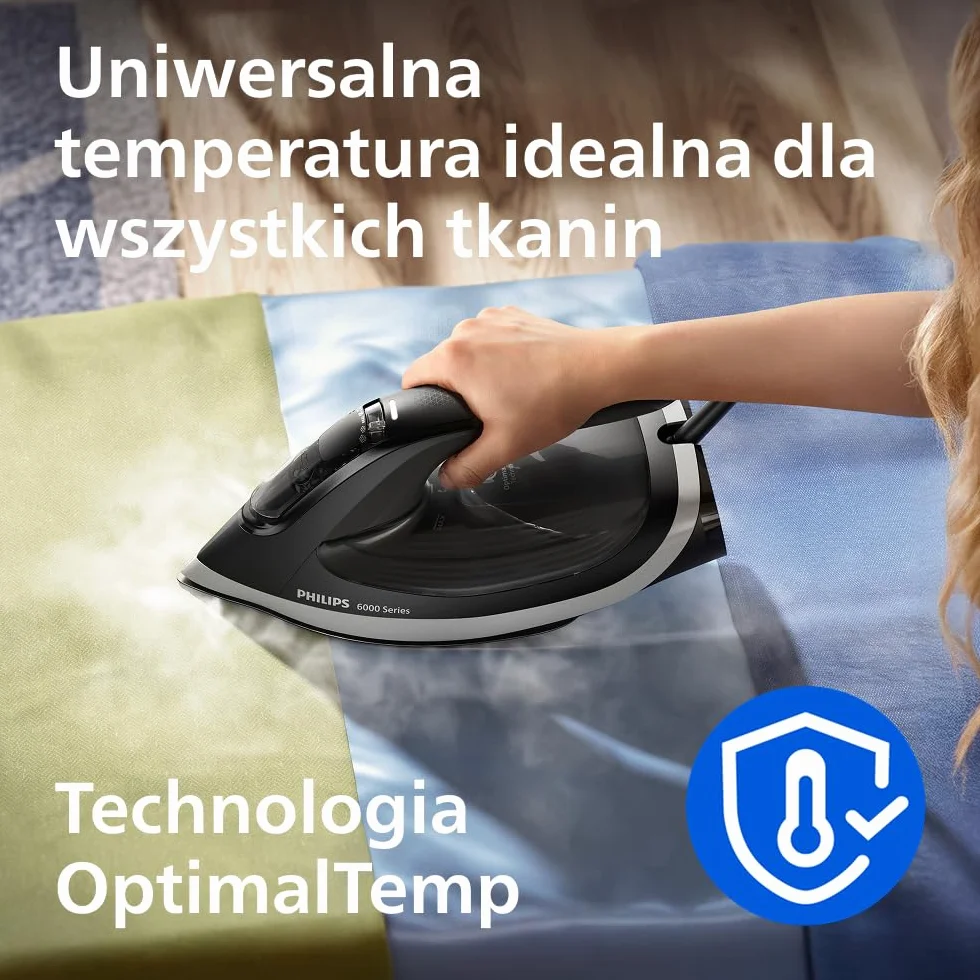 Philips Żelazko parowe serii 6000 – Gwarancja braku przypalenia, OptimalTemp, Silny strumień pary 190g, Ciągły strumień pary 45g, SteamGlide Plus, System przeciw kapaniu, Auto wyłączanie (DST6120/80)